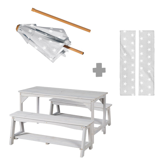 Set de mesa y sillas outdoor+ 1 mesa, 2 bancos, sombrilla & cojines de asiento 'Little Stars' - Gris – Infografía (16/16)