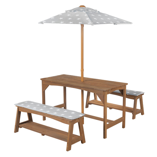 Seating Set Outdoor+ 1 Table, 2 Benches, Parasol & Seat Cushions 'Little Stars' - Teak – Cutout (1/16)