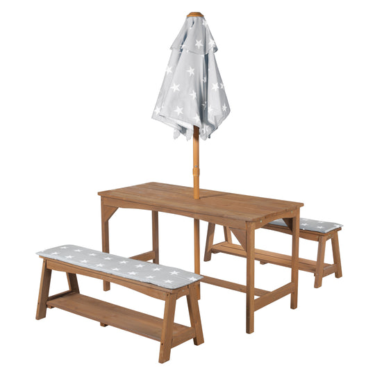 Seating Set Outdoor+ 1 Table, 2 Benches, Parasol & Seat Cushions 'Little Stars' - Teak – Cutout (7/16)