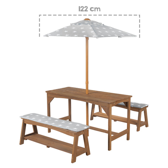 Seating Set Outdoor+ 1 Table, 2 Benches, Parasol & Seat Cushions 'Little Stars' - Teak – Infographic (11/16)