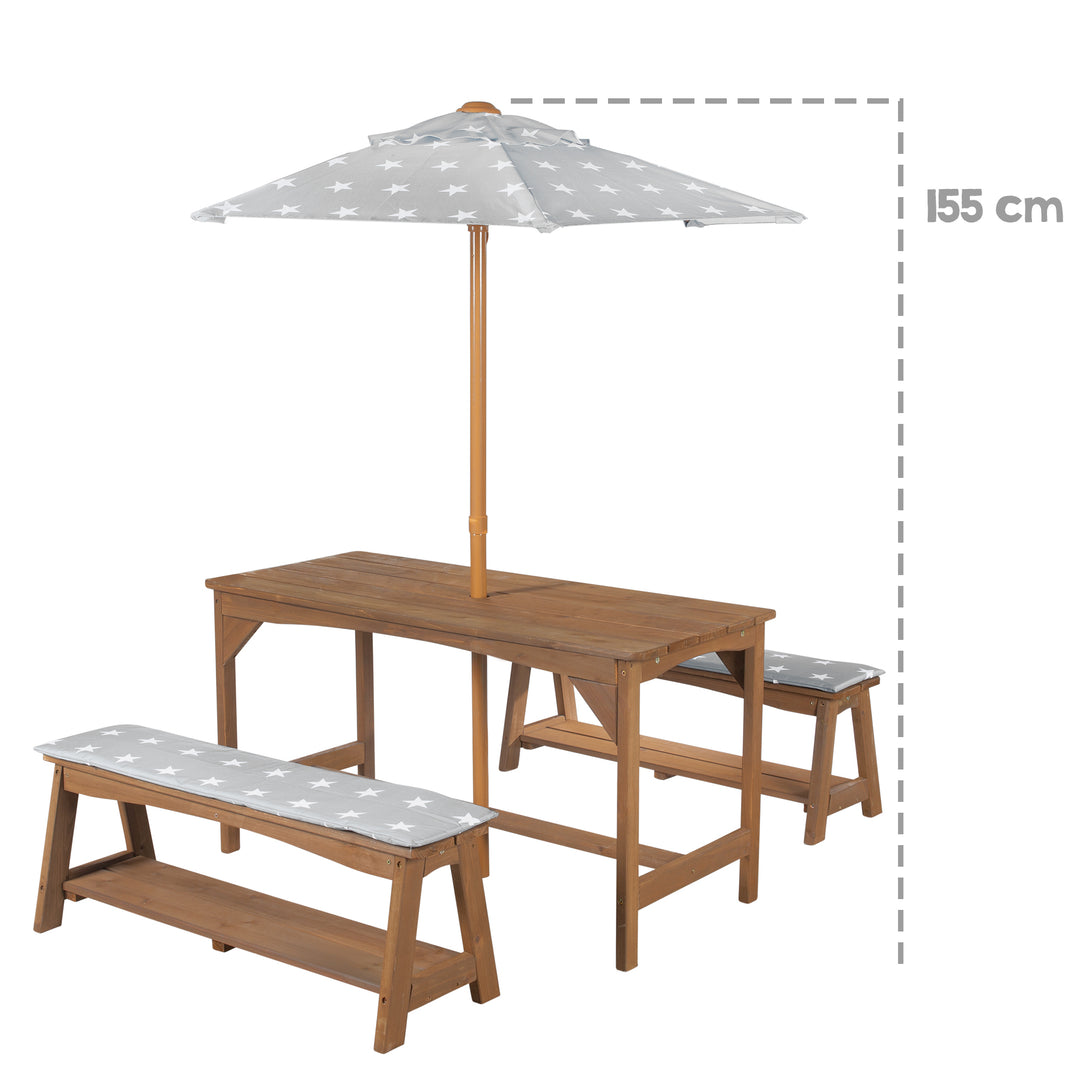 Seating Set Outdoor+ 1 Table, 2 Benches, Parasol & Seat Cushions 'Little Stars' - Teak – Infographic (12/16)