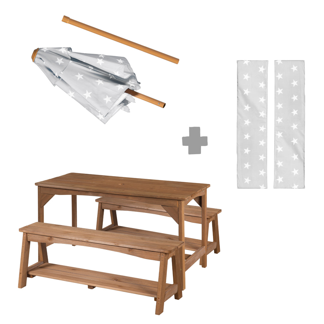 Seating Set Outdoor+ 1 Table, 2 Benches, Parasol & Seat Cushions 'Little Stars' - Teak – Infographic (16/16)