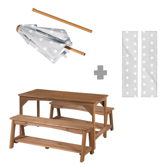 Seating Set Outdoor+ 1 Table, 2 Benches, Parasol & Seat Cushions 'Little Stars' - Teak – Infographic (16/16)