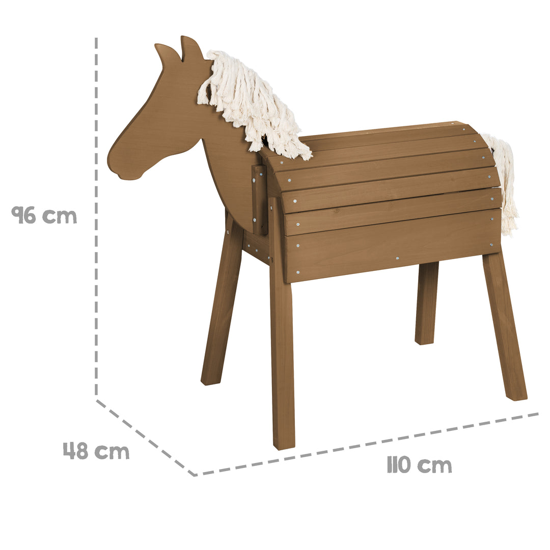 Gioco & cavallo da volteggio - Con criniera, coda & superficie di appoggio - Legno massello teak laccato – Infografica (3/4)