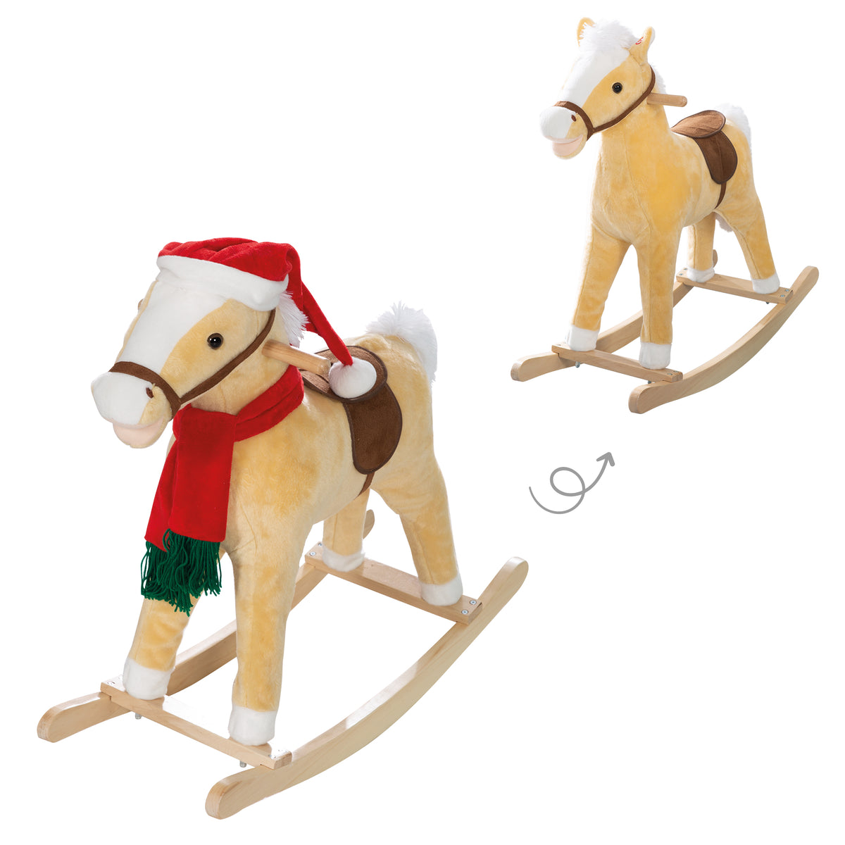 Rocking Horse, with Christmas Hat & Scarf, Padded, Saddle, Sound, 63 x 31 x 73 cm, from 24 Months – Infographic (1/8)