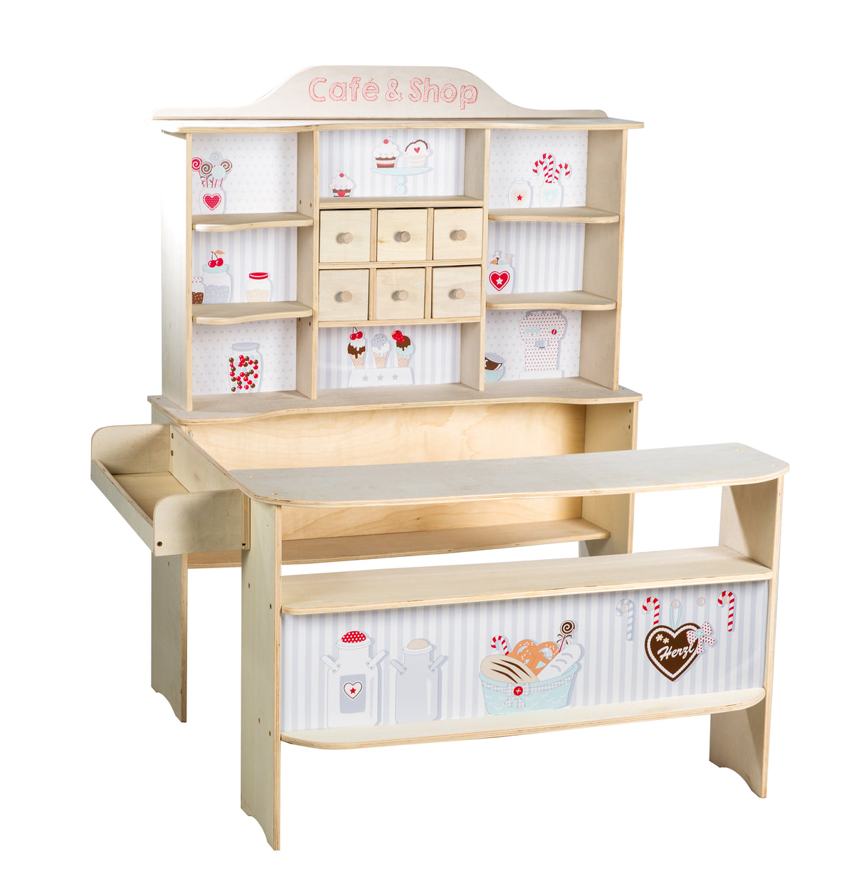 Marchande 'Café & Shop', bois naturel, 6 tiroirs, comptoir latéral & comptoir avec impression – Photo du produit (1/7)