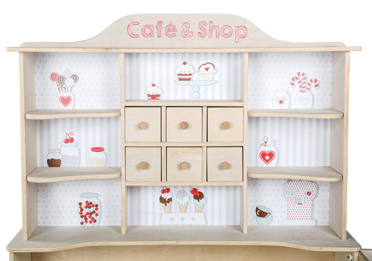Tienda de juguete 'Café & Shop', madera natural, 6 cajones, mostrador lateral & mostrador con estampado – Foto del producto (3/7)
