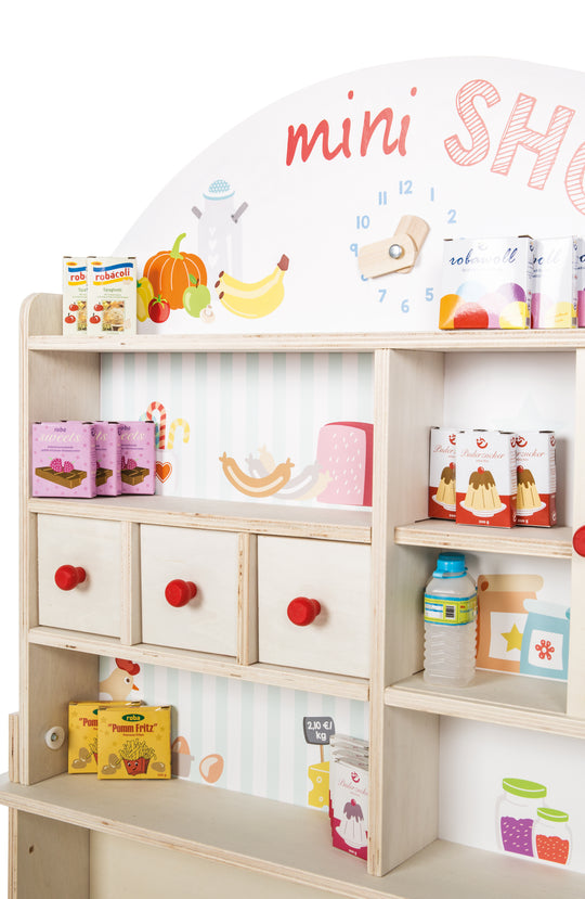 Negozietto 'Minishop', legno naturale, con bancone, lavagna, porta scorrevole & stampa a banco di mercato – Foto del prodotto (7/8)