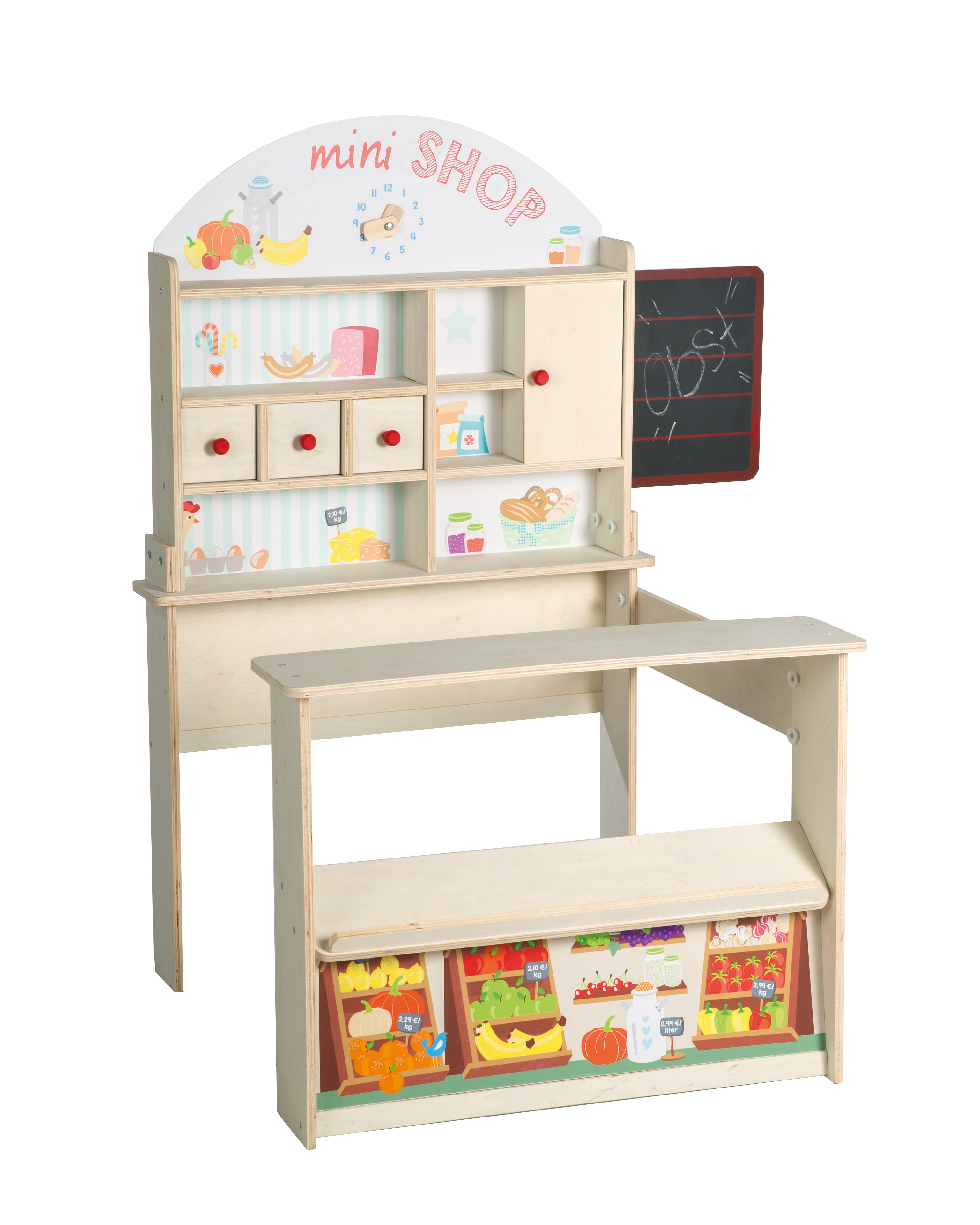 Tienda de juguete 'Minishop', madera natural, con mostrador, pizarra, puerta corredera & estampado de puesto de mercado – Foto del producto (1/8)