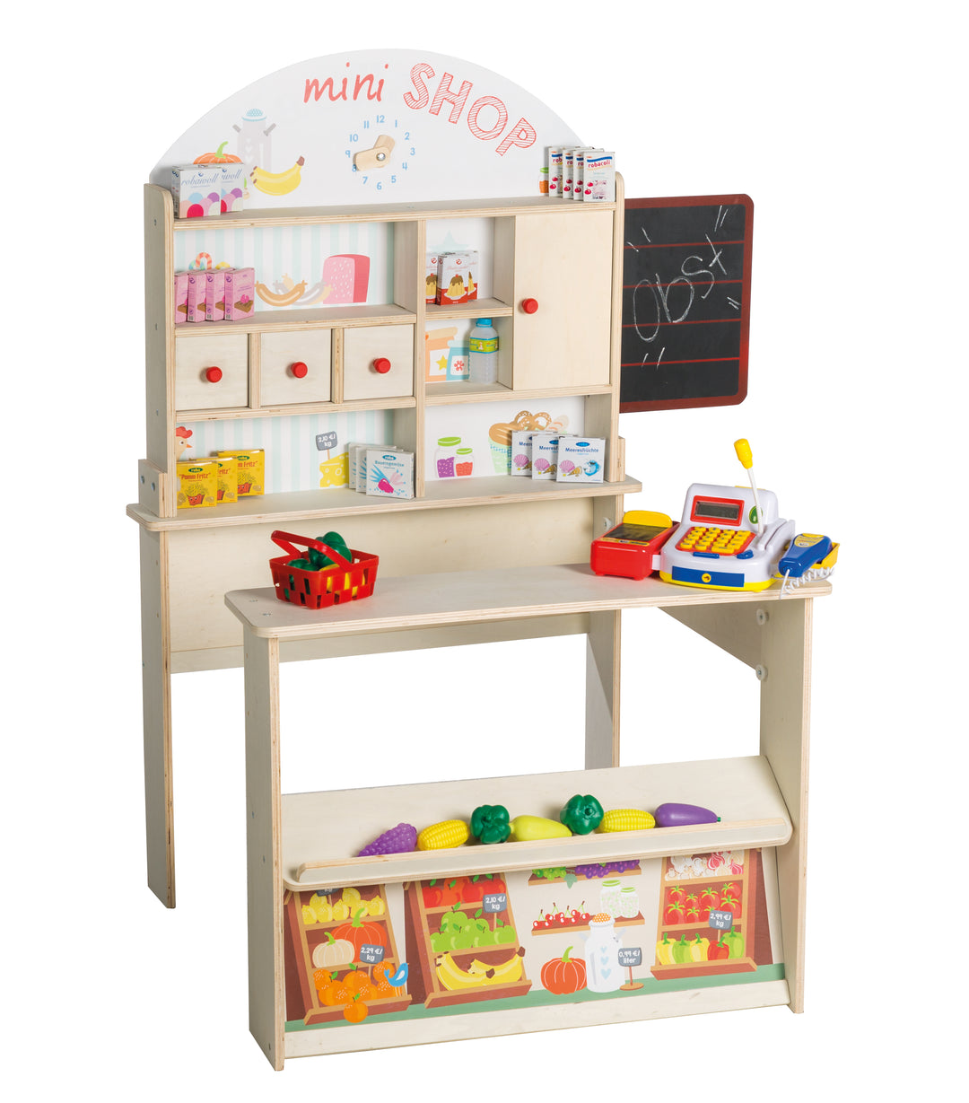 Negozietto 'Minishop', legno naturale, con bancone, lavagna, porta scorrevole & stampa a banco di mercato – Foto del prodotto (3/8)