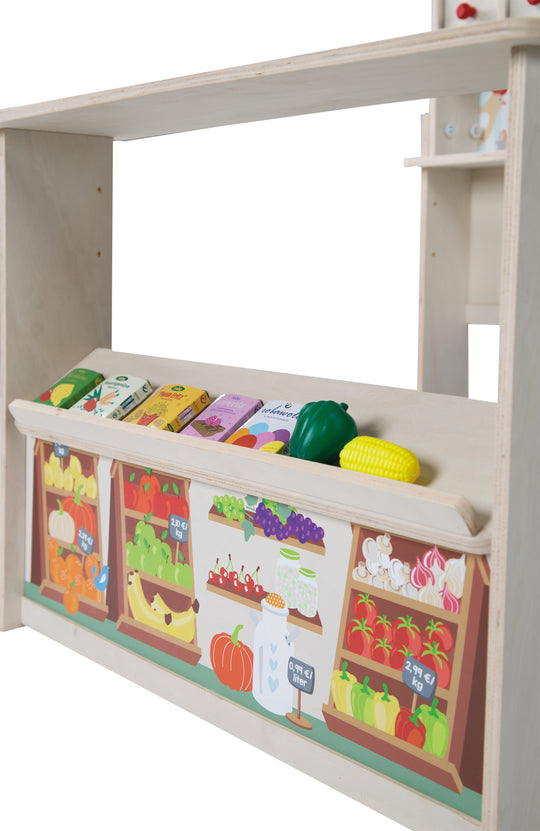 Negozietto 'Minishop', legno naturale, con bancone, lavagna, porta scorrevole & stampa a banco di mercato – Foto del prodotto (8/8)