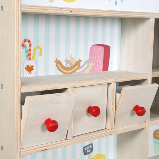 Negozietto 'Minishop', legno naturale, con bancone, lavagna, porta scorrevole & stampa a banco di mercato – Foto del prodotto (2/8)