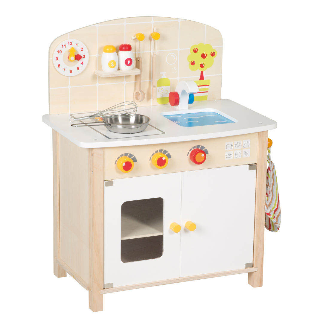 Spielküche weiß/natur, Spielzeug-Küchenzeile mit 2 Kochstellen, Spüle, Wasserhahn & Zubehör – Produktbild (1/3)