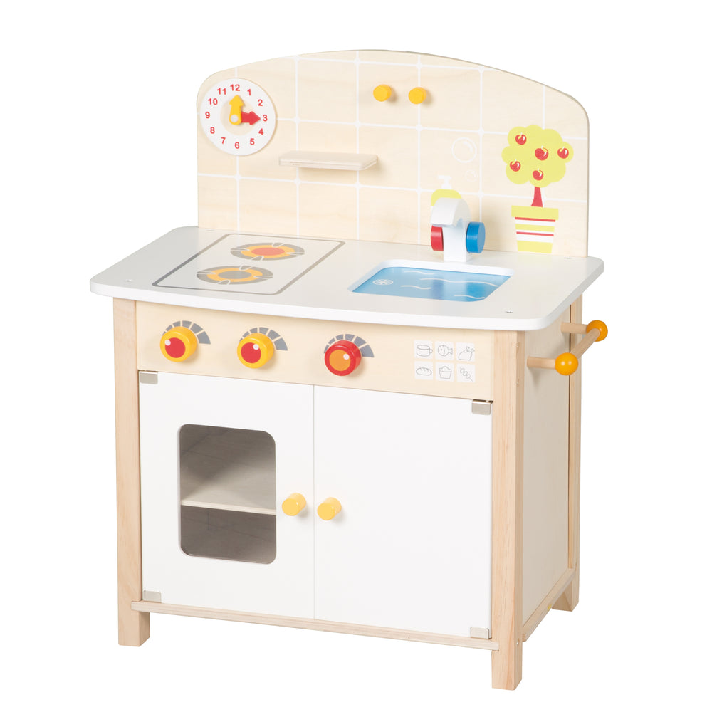 Spielküche weiß/natur, Spielzeug-Küchenzeile mit 2 Kochstellen, Spüle, Wasserhahn & Zubehör – Produktbild (2/3)