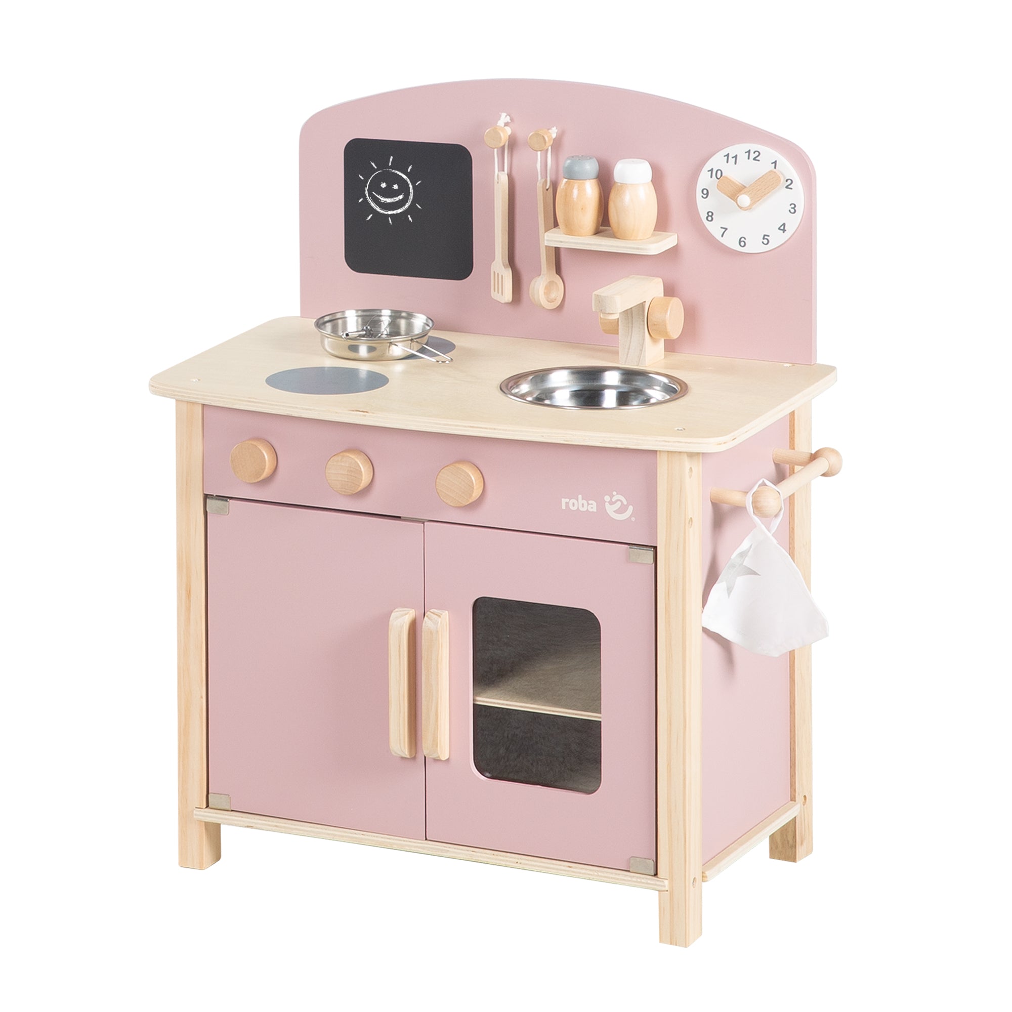 Cucina giocattolo bianco/naturale/rosa con 2 piastre di cottura, lavello, rubinetto & accessori – Ritaglio (1/11)