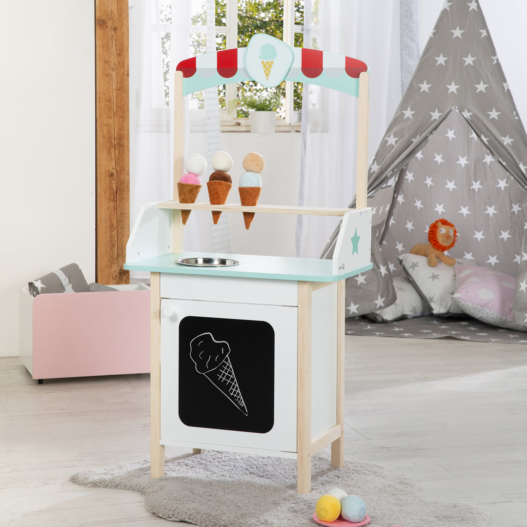 Stand de glaces en bois, avec accessoires, 3 cornets de glace en tissu, 6 boules de glace en tissu en peluche, à partir de 3 ans – Photo d'ambiance (5/13)