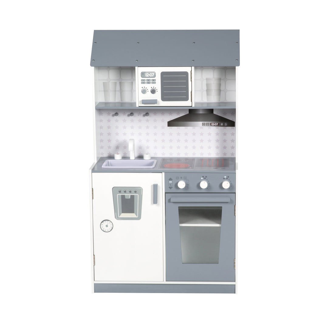 Spiel- & Kinderküche weiß/grau - inkl. Spüle, Wasserhahn, Mikrowelle, Herd, Grill, Herdplatten, Kühlschrank – Freisteller (3/21)