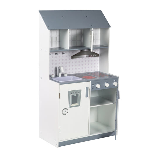 Spiel- & Kinderküche weiß/grau - inkl. Spüle, Wasserhahn, Mikrowelle, Herd, Grill, Herdplatten, Kühlschrank – Freisteller (9/21)
