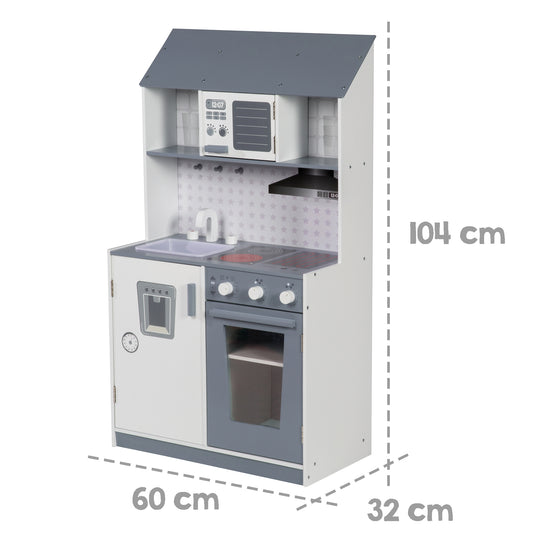Spiel- & Kinderküche weiß/grau - inkl. Spüle, Wasserhahn, Mikrowelle, Herd, Grill, Herdplatten, Kühlschrank – Milieubild (5/21)
