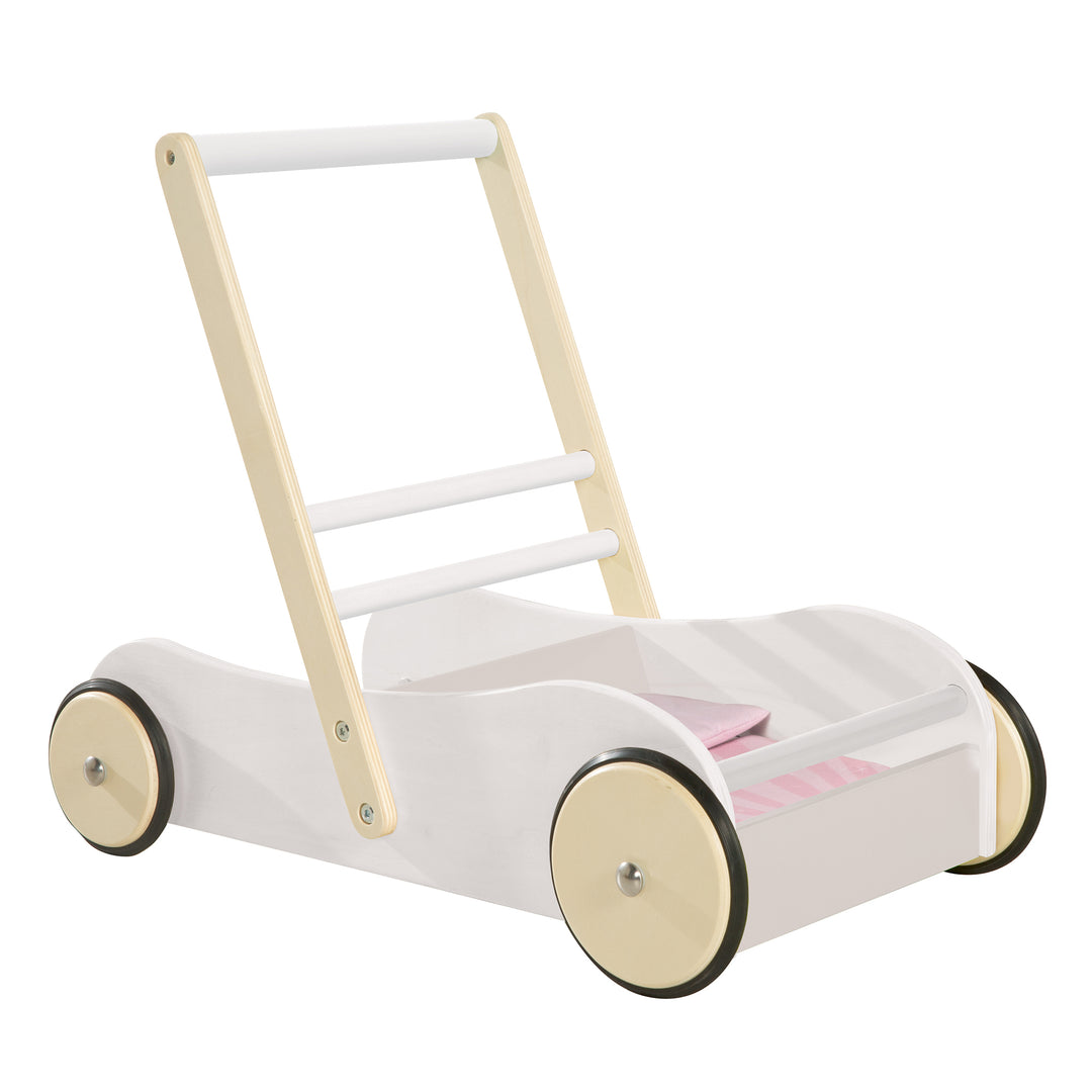 Lauflernwagen 'Scarlett' weiß lackiert, Puppenwagen mit rosa Textilien – Freisteller (1/4)