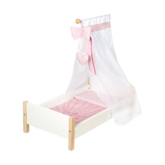 Lit de poupée 'Scarlett', blanc laqué, avec équipement textile, linge de lit & ciel de lit rose – Détourage (1/5)