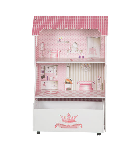 Puppenhaus & Spielregal inkl. Aufbewahrungsbox für Spielzeug, rosa/weiß – Produktbild (6/8)