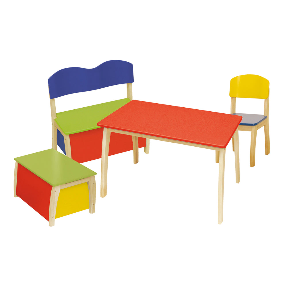 Kindertruhenbank, aus Massivholz und MDF gefertigt, Rücken- & Sitzfläche mehrfarbig lackiert – Freisteller (2/4)