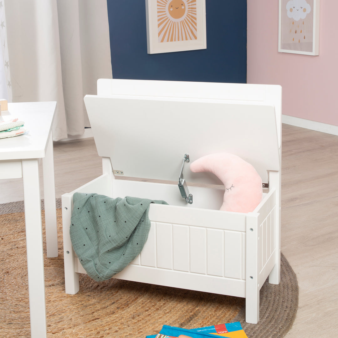 Panca contenitore, panca per bambini, mobili per bambini per seduta e contenitore da giocattolo, bianco – Foto d'ambiente (5/8)
