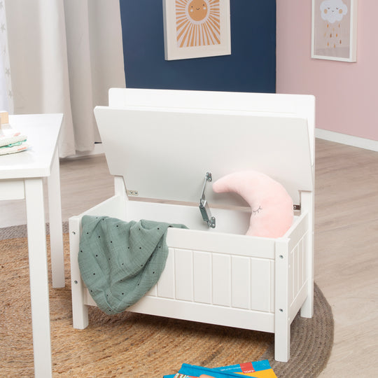 Panca contenitore, panca per bambini, mobili per bambini per seduta e contenitore da giocattolo, bianco – Foto d'ambiente (5/8)