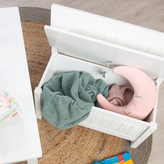 Panca contenitore, panca per bambini, mobili per bambini per seduta e contenitore da giocattolo, bianco – Foto d'ambiente (3/8)