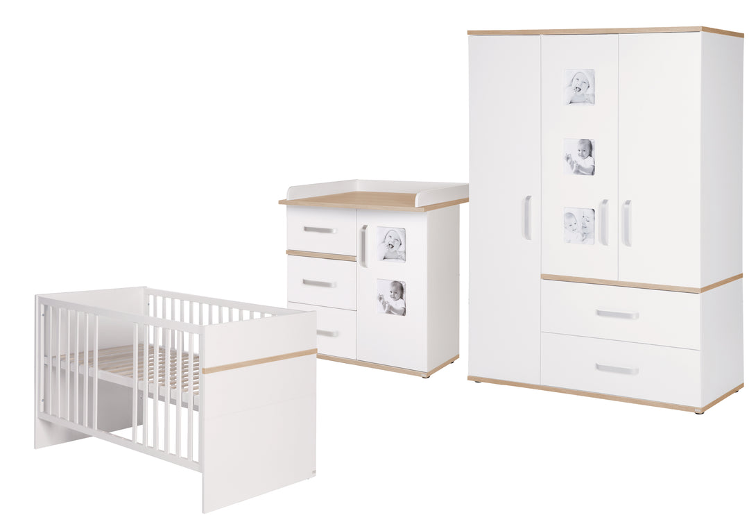 Kindermöbelset 'Pia', 3-teilig, inkl. Kinderbett 70 x 140 cm, Wickelkommode & Kleiderschrank, weiß – Freisteller (1/15)