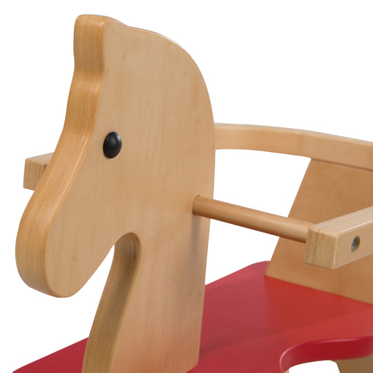 Cavallo a dondolo in legno massello, naturale-rosso, che cresce con il bambino grazie a removibile anello di protezione – Foto di dettaglio (8/11)