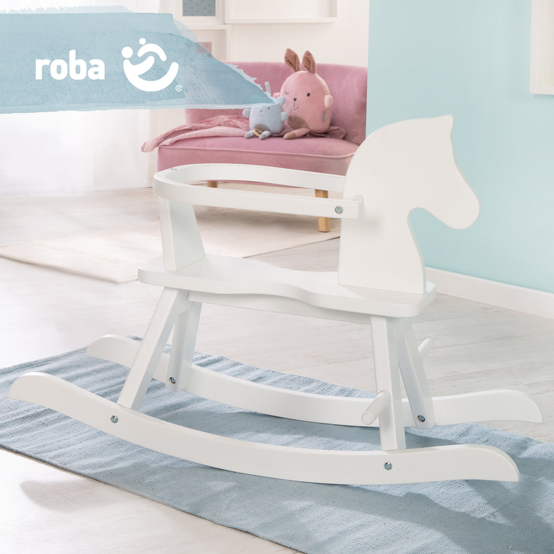 Cavallo a dondolo in legno massello bianco laccato, che cresce con il bambino grazie a removibile anello di protezione – Infografica (8/8)