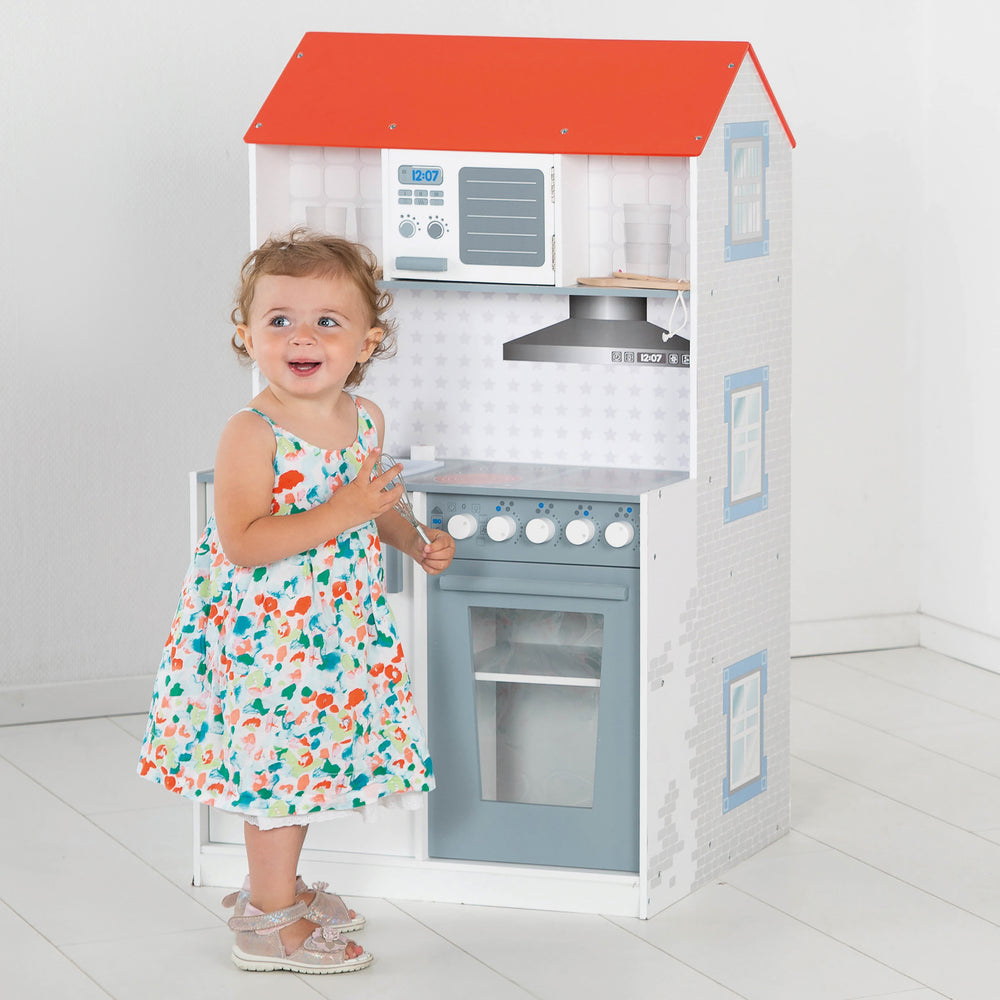 2in1 Puppenhaus & Kinderküche, großes Spielhaus für Jungs und Spielküche in einem – Milieubild (2/2)