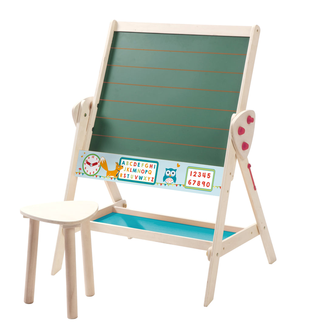 Tafel & Kinder-Sitz-Set 'Fuchs & Eule' wandelbar zu Tisch-Stuhl-Set, in Holz natur – Freisteller (1/12)