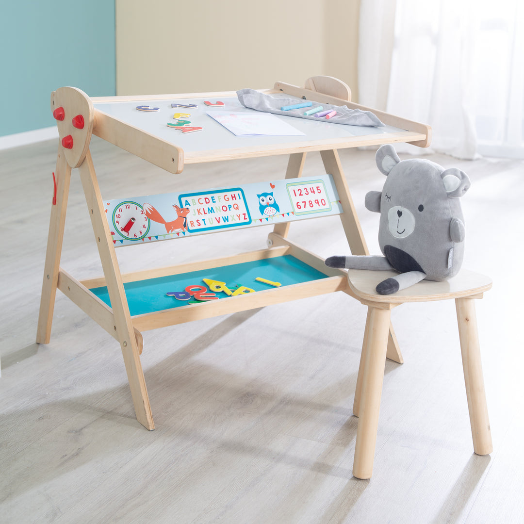 Board & Children-Seat-Set 'Fuchs & Owl' Convertible to Table-Chair-Set, in Wood Natural – Lifestyle Image (5/12)