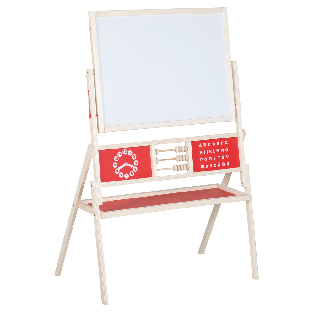 Standtafel drehbar mit Schreibtafel liniert, Maltafel magnetisch, Uhr, ABC, Holz natur – Freisteller (2/3)