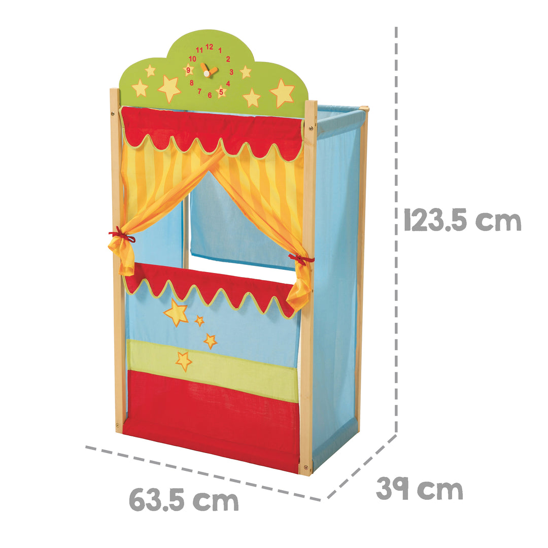 Teatrino delle marionette, teatrino delle marionette con orologio, Stand-Teatrino delle marionette in legno massello con rivestimento in tessuto – Infografica (4/4)