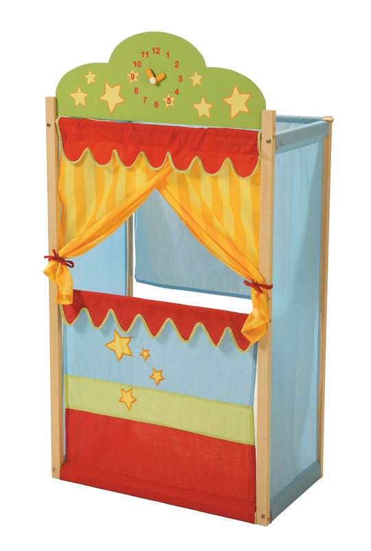 Teatrino delle marionette, teatrino delle marionette con orologio, Stand-Teatrino delle marionette in legno massello con rivestimento in tessuto – Foto del prodotto (1/4)