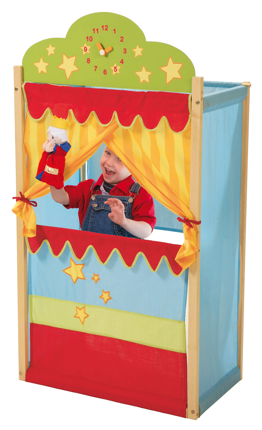 Teatrino delle marionette, teatrino delle marionette con orologio, Stand-Teatrino delle marionette in legno massello con rivestimento in tessuto – Foto del prodotto (2/4)