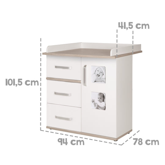 Set de muebles infantil 'Moritz', 2piezas, cama infantil 70 x 140 cm & cómoda cambiador estrecho, blanco/ luna elm – Infografía (8/9)