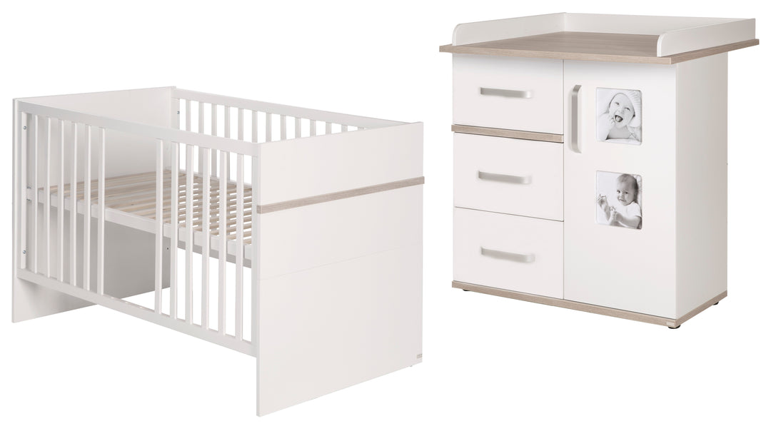 Kindermöbelset 'Moritz', 2-teilig, Kinderbett 70 x 140 cm & Wickelkommode schmal, weiß/ Luna Elm – Freisteller (1/9)