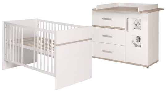 Ensemble de mobilier enfant 'Moritz‘, 2pièces, lit enfant 70 x 140 cm & commode à langer large, blanc/Luna elm – Détourage (1/9)