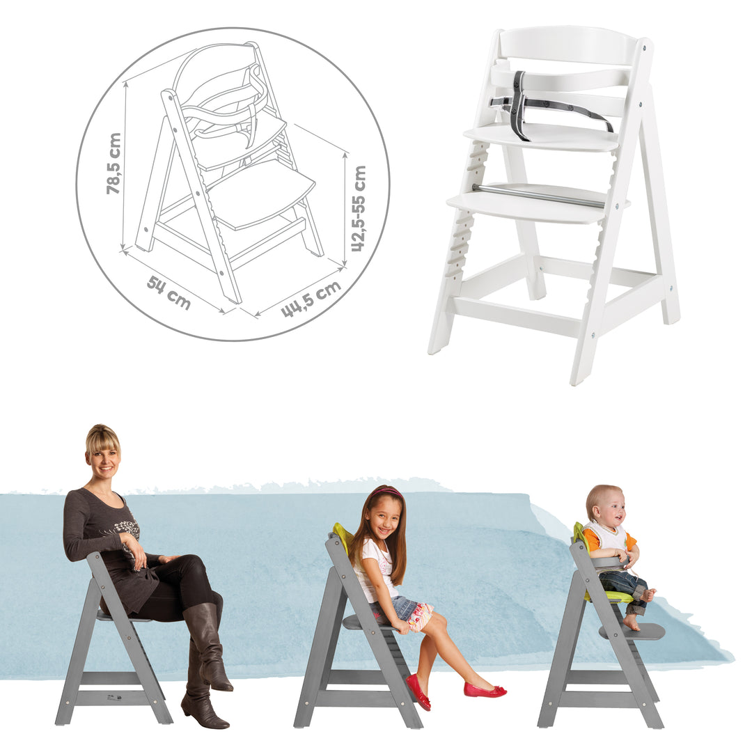 Seggiolone evolutivo 'Sit Up Click', che cresce con il bambino, innovativo chiusura a click, legno, bianco – Infografica (9/10)