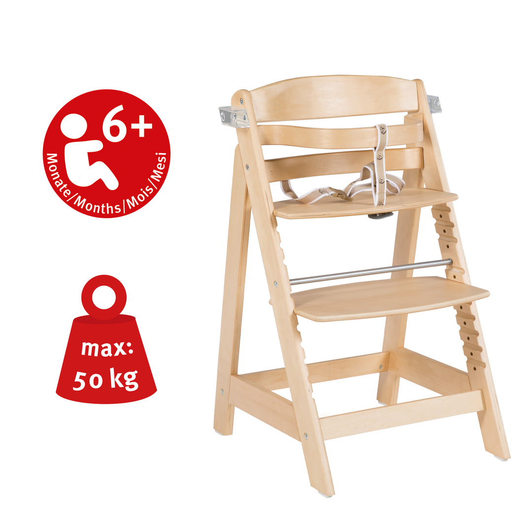 Seggiolone evolutivo 'Sit Up Click & Fun', vassoio pappa & maniglia, chiusura a click, che cresce con il bambino, naturale – Infografica (5/9)