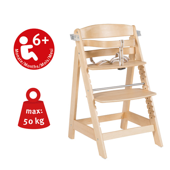 Seggiolone evolutivo 'Sit Up Click & Fun', vassoio pappa & maniglia, chiusura a click, che cresce con il bambino, naturale – Infografica (5/9)