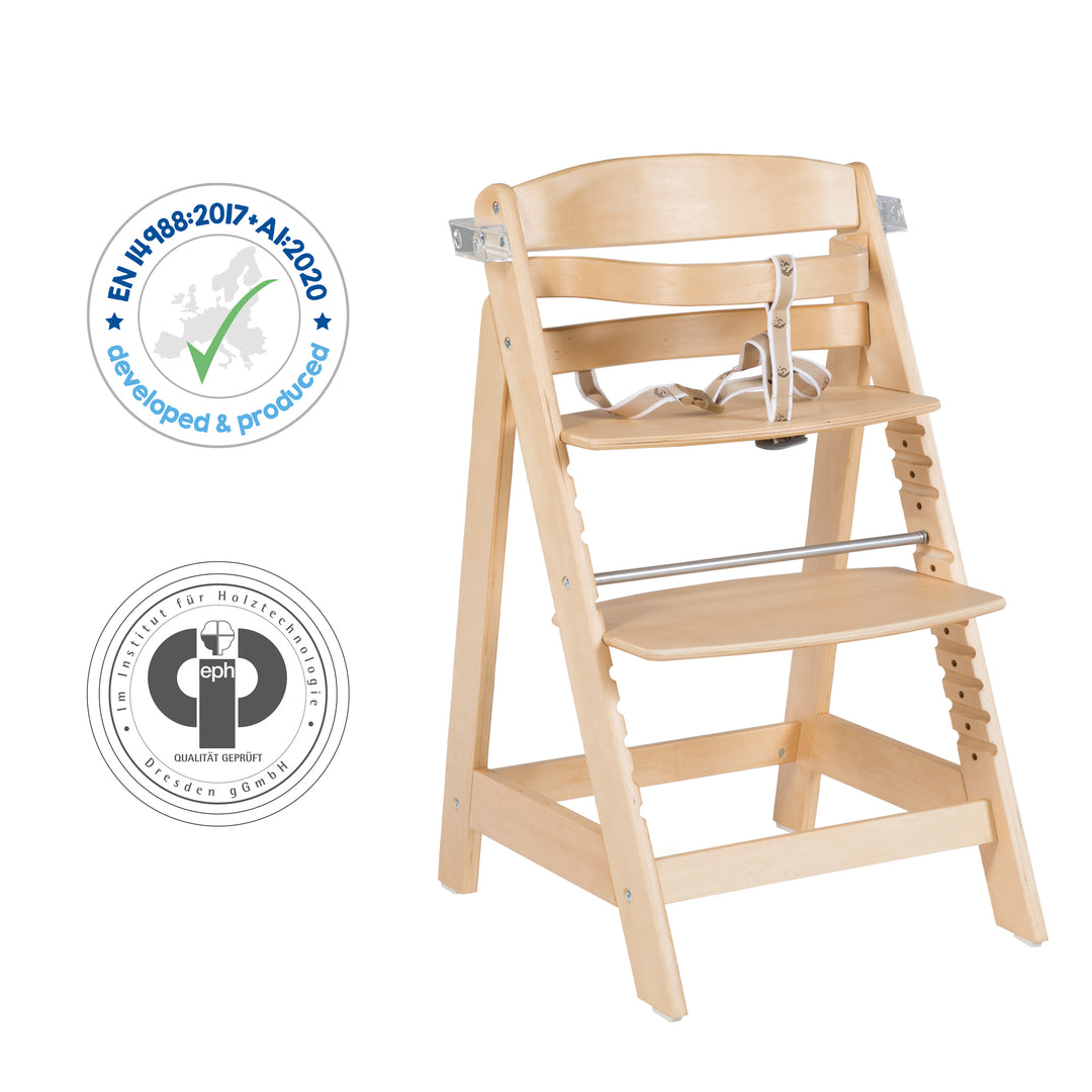 Seggiolone evolutivo 'Sit Up Click & Fun', vassoio pappa & maniglia, chiusura a click, che cresce con il bambino, naturale – Infografica (6/9)