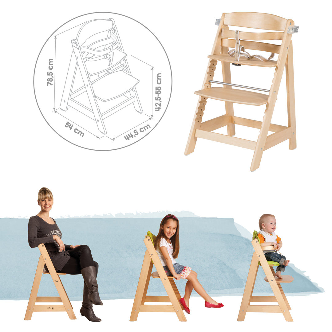 Seggiolone evolutivo 'Sit Up Click & Fun', vassoio pappa & maniglia, chiusura a click, che cresce con il bambino, naturale – Infografica (7/9)