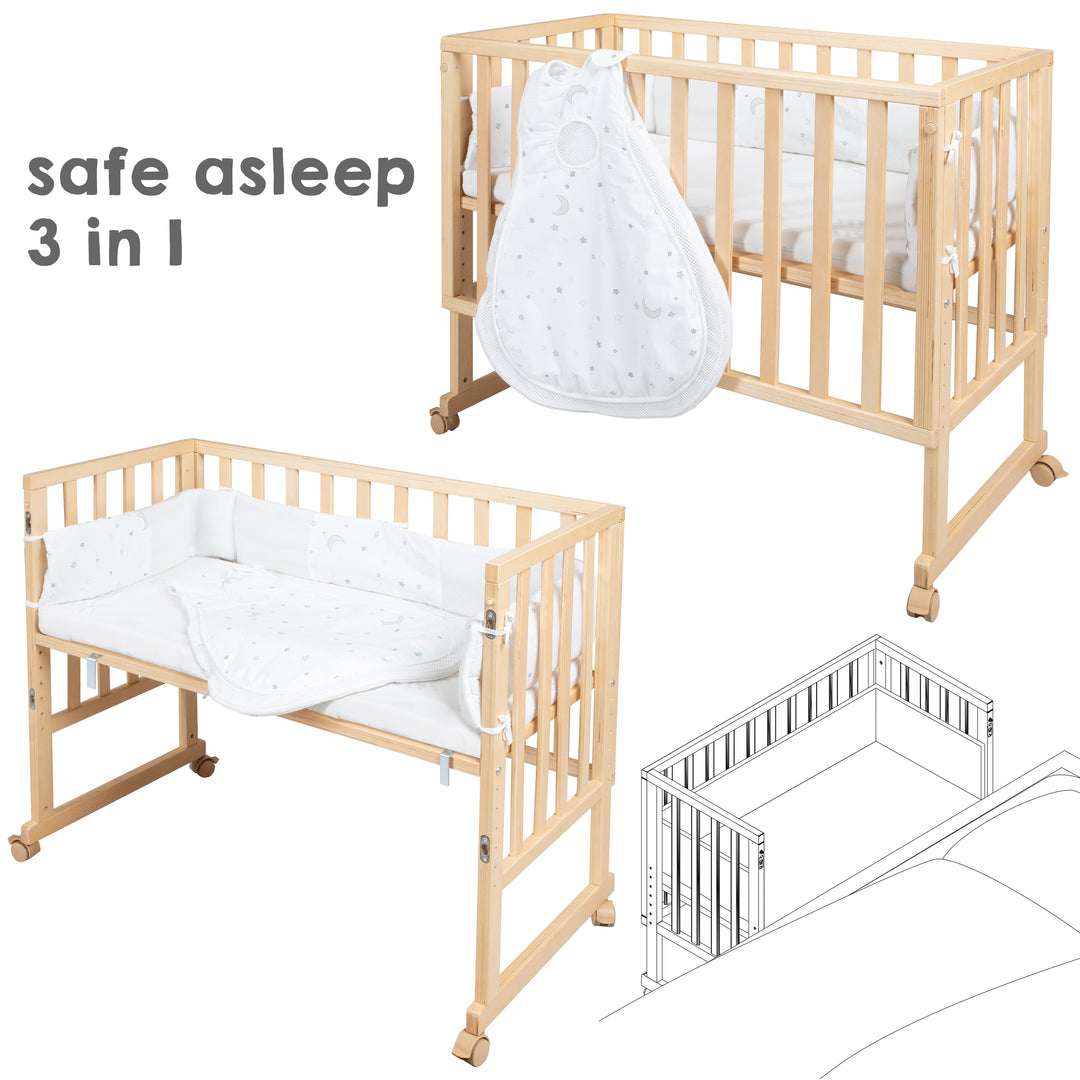 Culla 'safe asleep®' 3 in 1, 'Sternenzauber', lettino da co-sleeping, lettino & panca, naturale, incl. accessori – Foto di dettaglio (3/11)