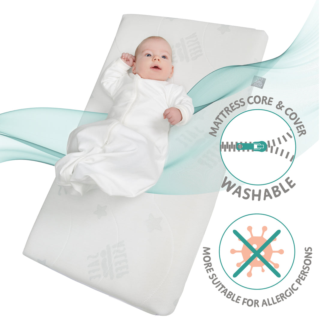 Nursery & Bedside Crib 3in1 with Barrier + Mattress - Wood Taupe – Infographic (10/18)